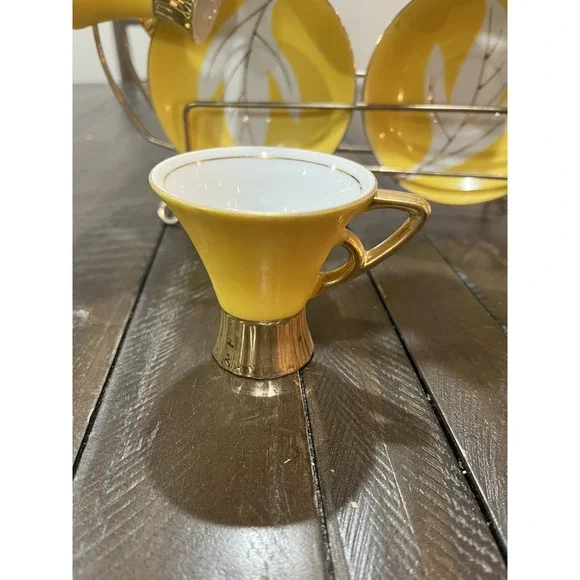Vintage Napco Tea Set Yellow Gold Rack Leaf Saucer 4ZD-5415 Porcelain‎ Set Of 6